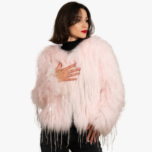 Pink Rabbit Fur Coat With Sequins - Picture 2 of 5